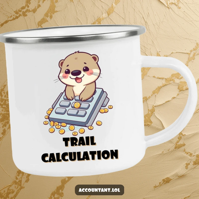 Funny camping mug showing a giggling otter sliding down a calculator button into a pit of coins, perfect for humor.