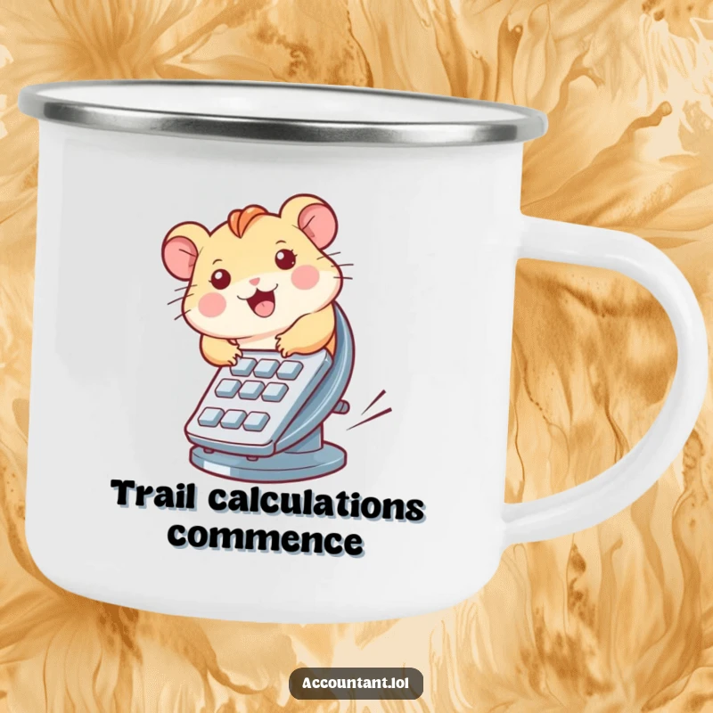 Funny camping mug illustrating a hamster running on a calculator wheel, symbolizing adventure and humor.