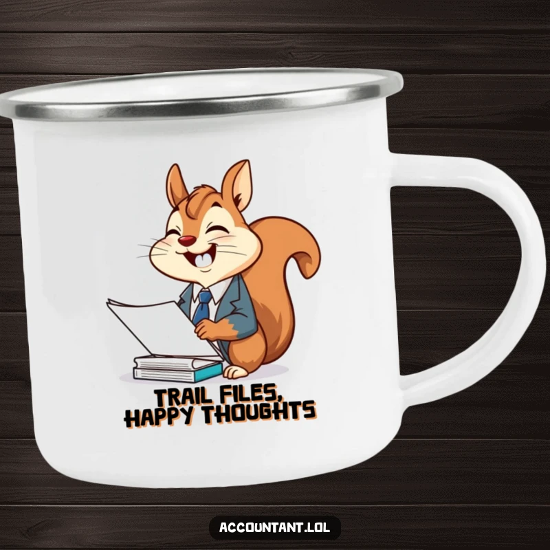 Funny squirrel office camping mug, a cheerful squirrel in a suit, giggling while filing documents, durable for outdoors.