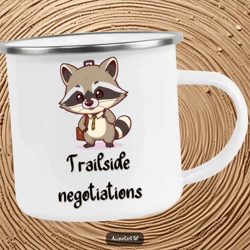 Funny camping mug with a mischievous raccoon balancing a briefcase on its nose, ideal for humorous outdoor excursions.