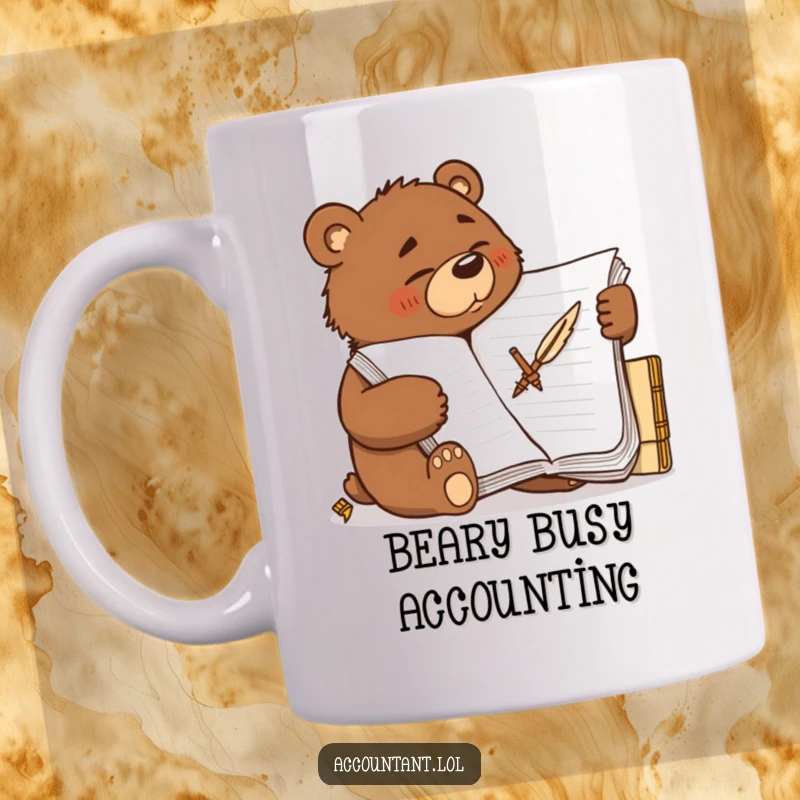 Funny determined brown bear scribbling furiously on a large ledger with a quill, ideal for accountants.