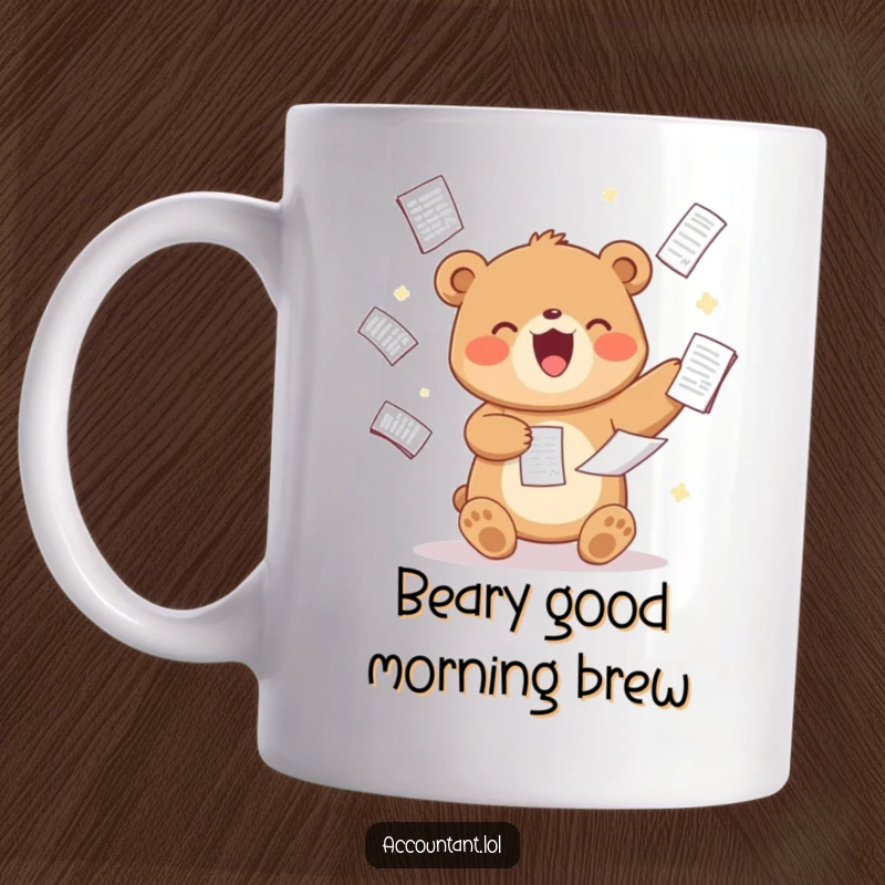 Funny Bear Analyst Mug, a cute bear juggling spreadsheets with delight, showcasing organized chaos, a perfect humorous gift.