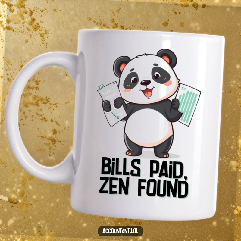 Funny determined panda proudly holding up a perfectly balanced budget spread on a coffee mug, symbolizing financial control.