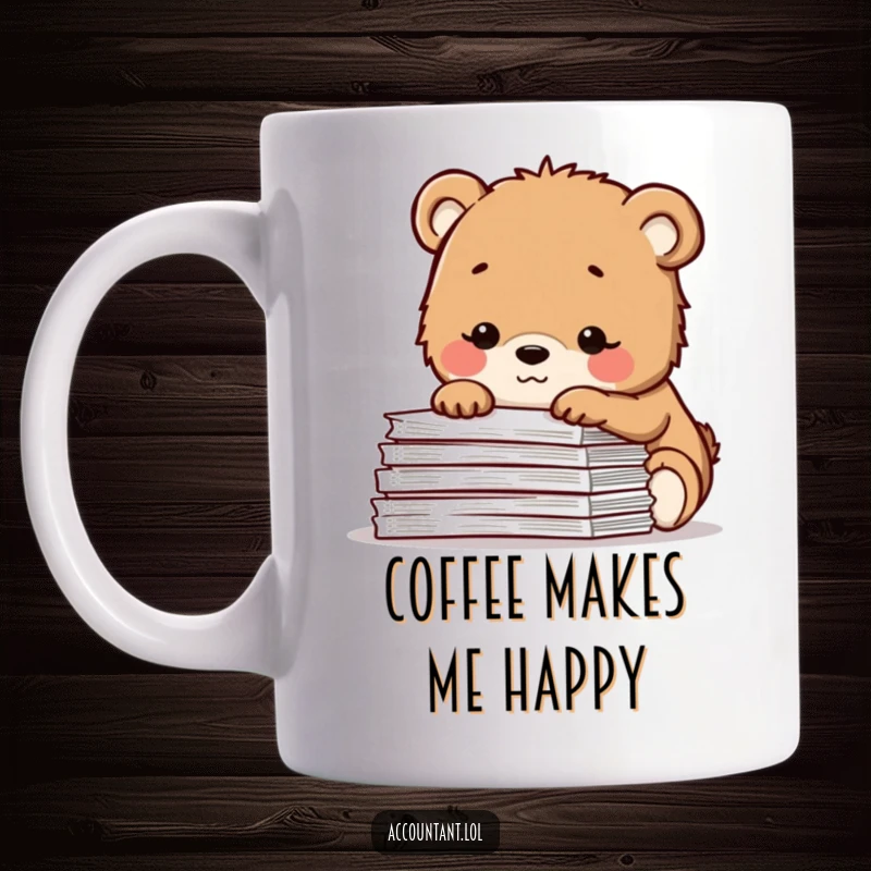 Funny mug featuring a contented bear cub with a small smile, peeking over a pile of spreadsheets, representing peaceful data analysis.