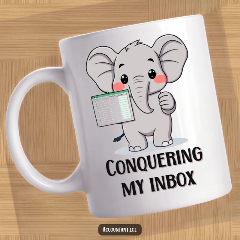 Funny mug with a proud elephant holding up a perfectly balanced spreadsheet, symbolizing professional achievement and humor.