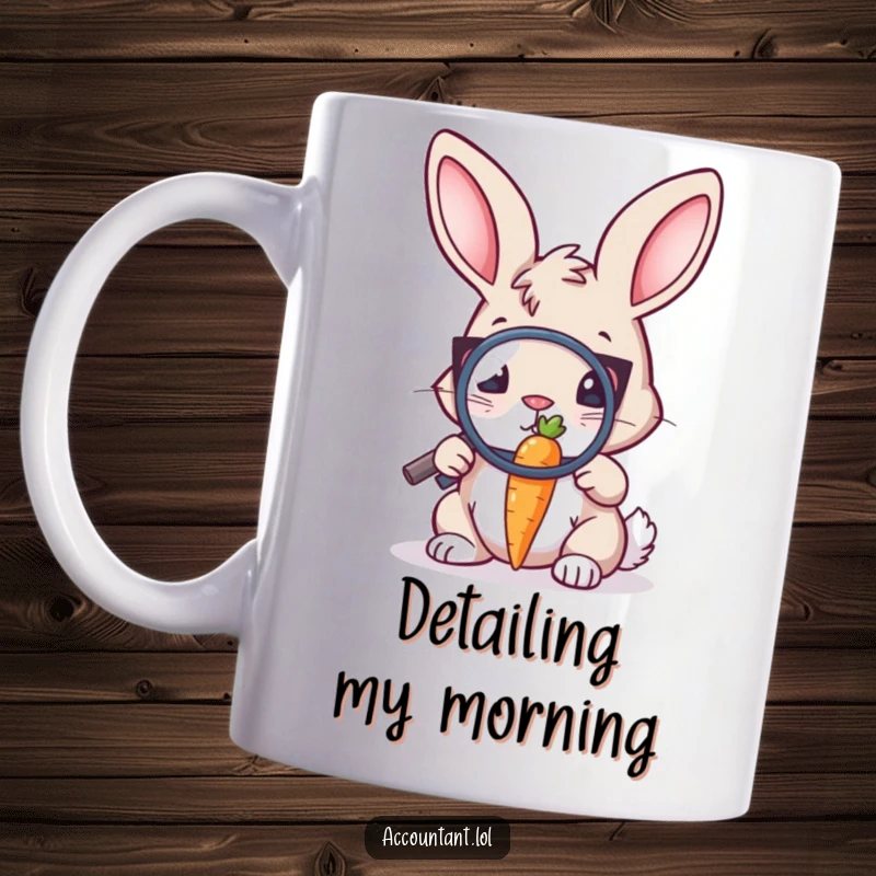 Funny Bunny Auditor Mug: A focused bunny auditor uses a magnifying glass to inspect a tiny carrot.