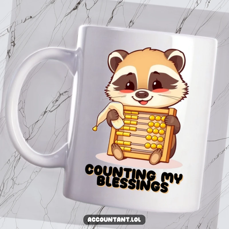 Funny mug featuring a smiling badger meticulously polishing a golden abacus with a tiny cloth, showing a humorous love for numbers.