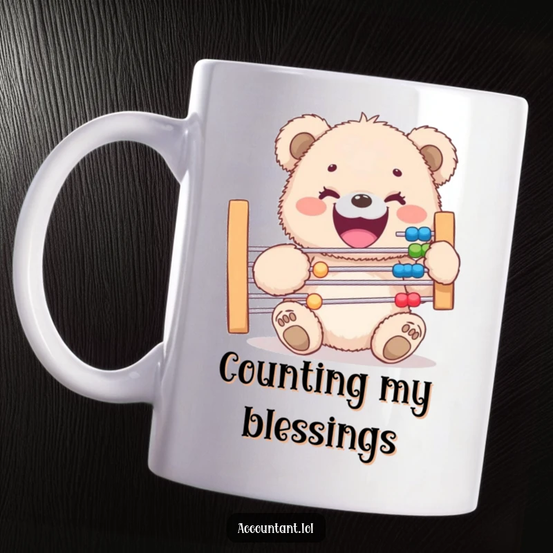 Funny mug showcasing a fluffy bear cub with a massive grin, enthusiastically holding a giant abacus, ready for some serious counting fun.