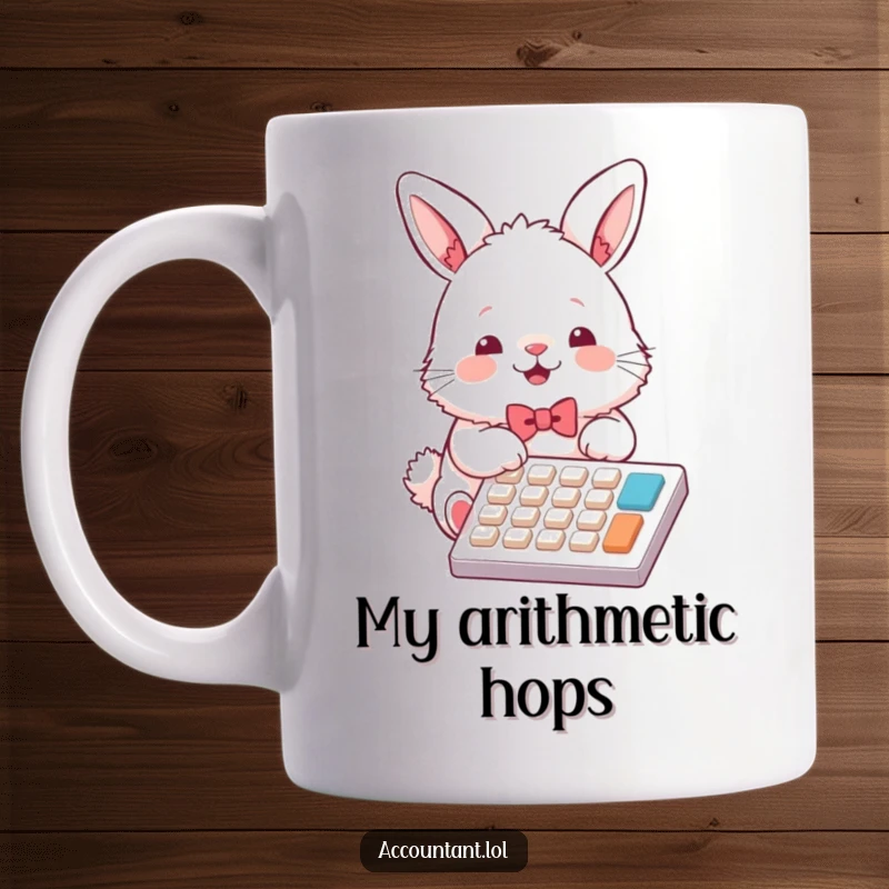 Funny bunny accountant mug, wearing a small bowtie, joyfully tapping calculator keys with a determined yet cute expression.