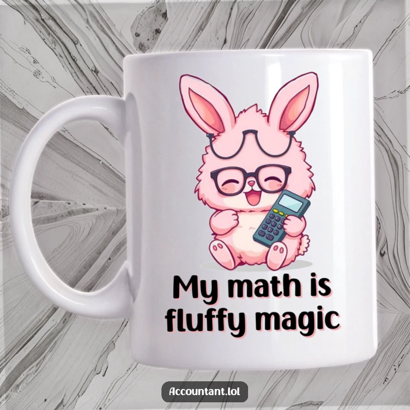 Funny pink fluffy bunny wearing glasses, giggling happily while holding a calculator, perfect for finance lovers.