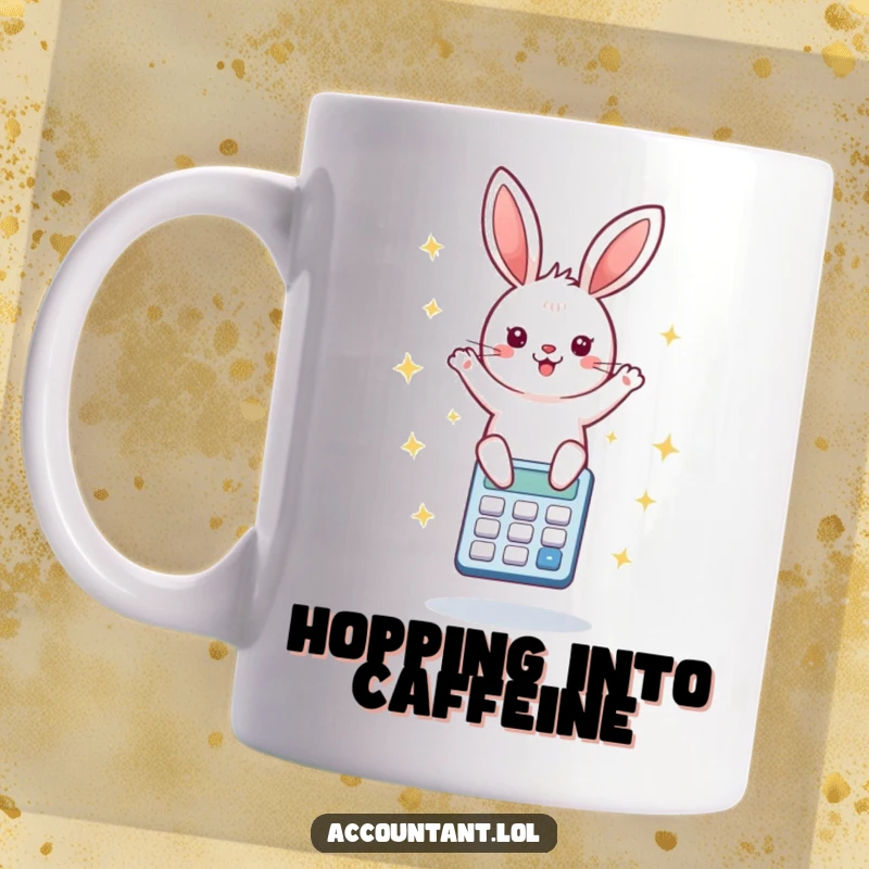 Funny mug depicting a happy bunny gleefully bouncing on a calculator surrounded by cheerful starbursts, embodying pure numerical joy.