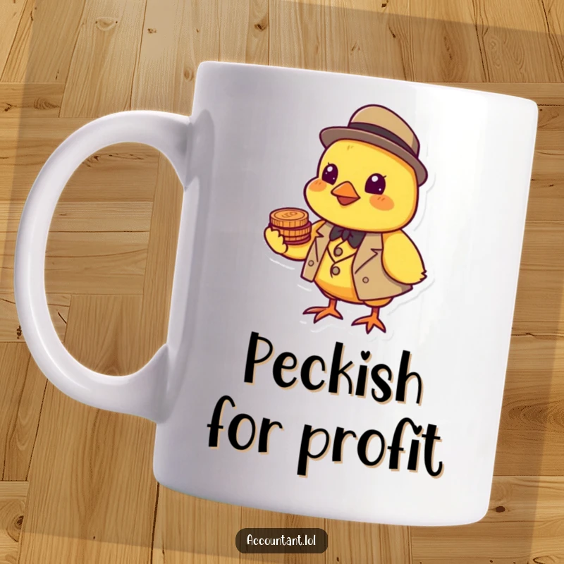 Funny cheerful yellow chick in a tiny suit balancing coins on its beak, great for finance enthusiasts.