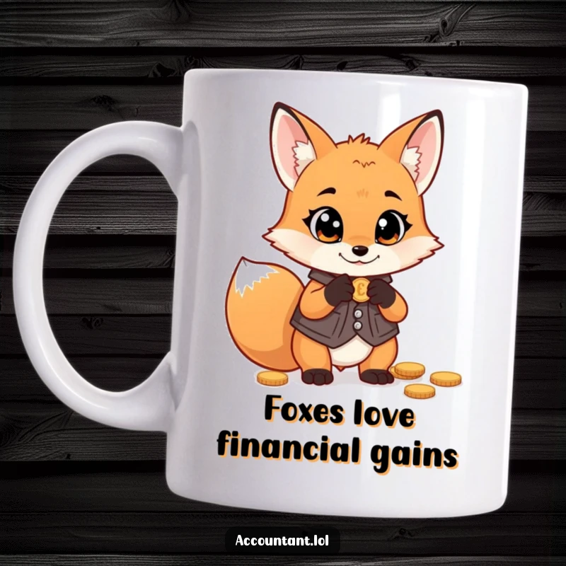 Funny fox money mug, a mischievous fox wearing a tiny vest, intently counting coins with wide, expressive eyes.