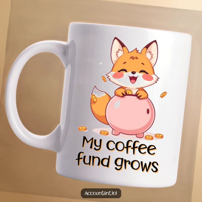 Funny Mug with a cheerful fox cub joyfully throwing coins into a piggy bank, symbolizing savings and fun.