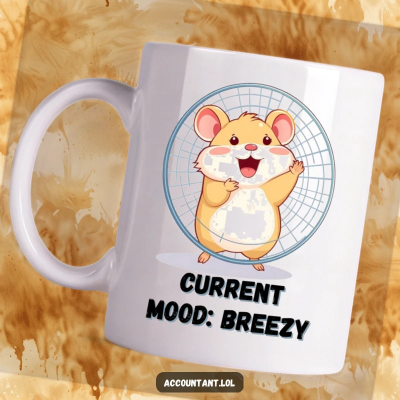 Funny happy hamster energetically spinning a large office fan with its whole body on a coffee mug.
