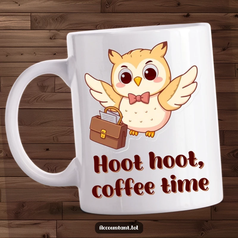 Funny happy owl wearing a bow tie, flying with a briefcase full of papers, a humorous mug for professionals.