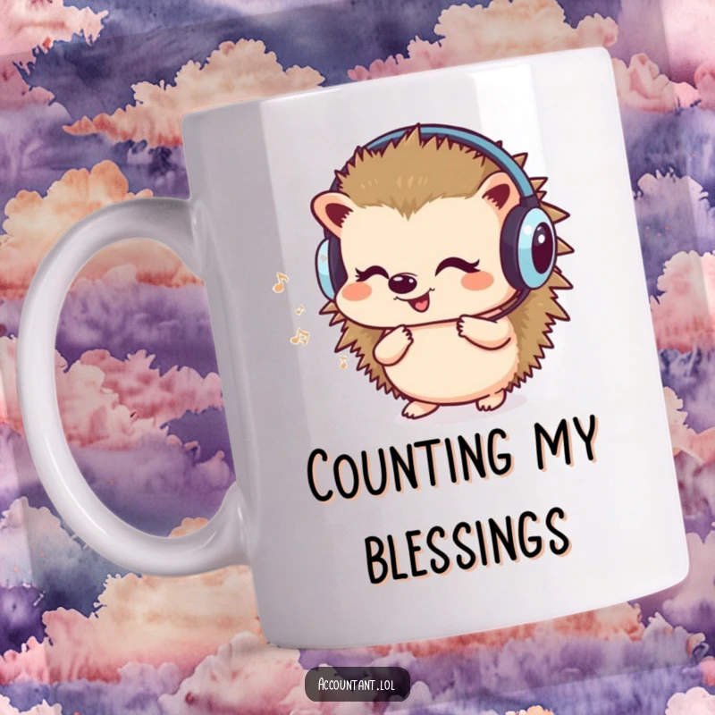 Funny mug featuring a cute hedgehog wearing headphones, humming contentedly while meticulously counting numbers, radiating focused joy.