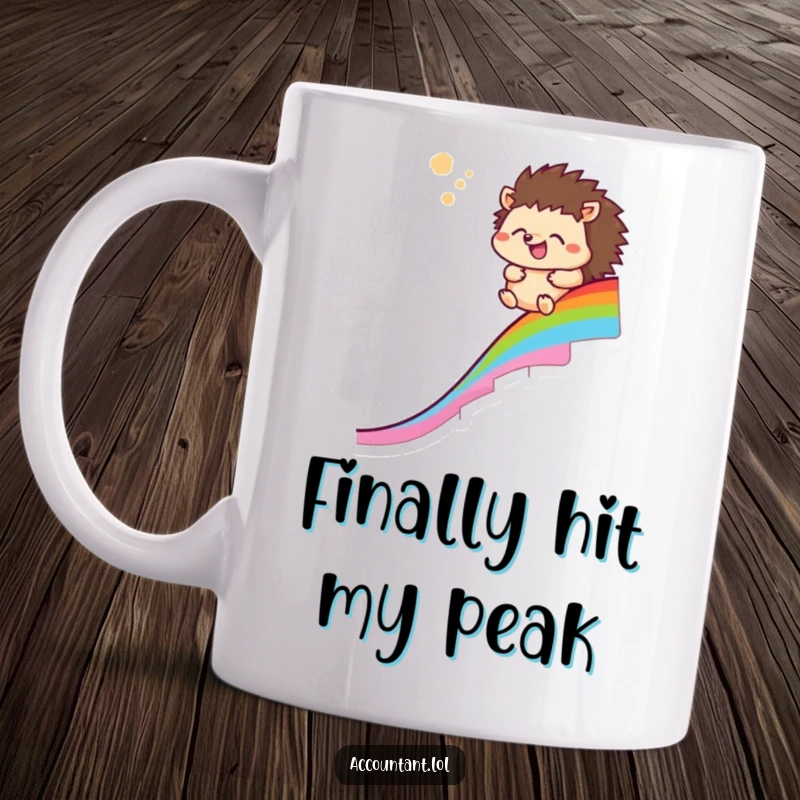 Funny hedgehog mug depicting a happy creature sliding down a colorful rainbow chart with a sigh of relief.