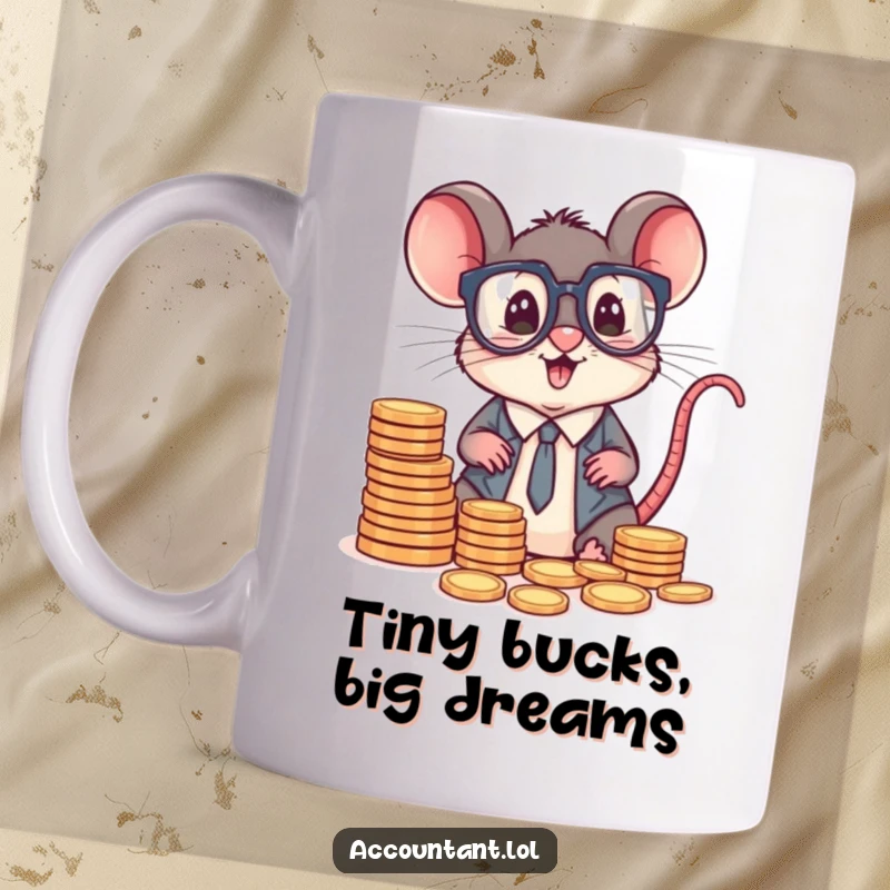Funny small mouse accountant with oversized spectacles, sorting tiny coin stacks with excitement and focus.