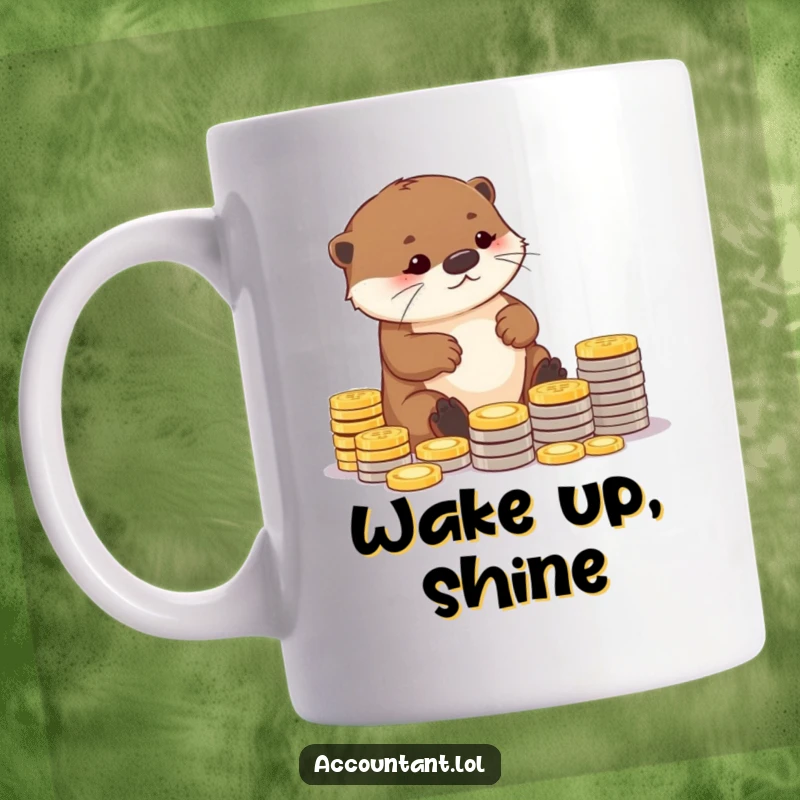 Funny mug featuring a diligent otter carefully arranging coins into neat piles, symbolizing meticulous saving and financial organization humor.