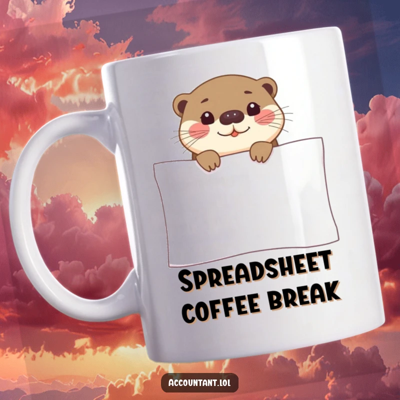 Funny otter mug depicting a curious otter peeking over a giant spreadsheet with a cheerful smile, ready for data.