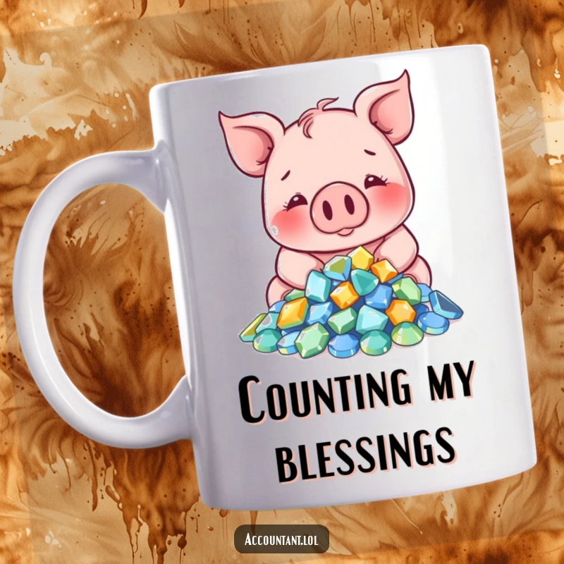 Funny Pig Mug: A smiling pig happily counts sparkling gems, embodying luxury and contentment.