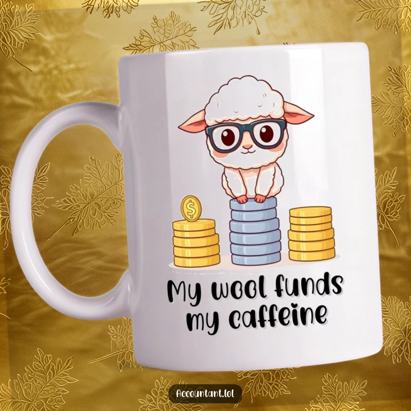 Funny Sheep Accountant Mug, a fluffy sheep in glasses, balancing coins, looking smart and serious, perfect financial humor gift.