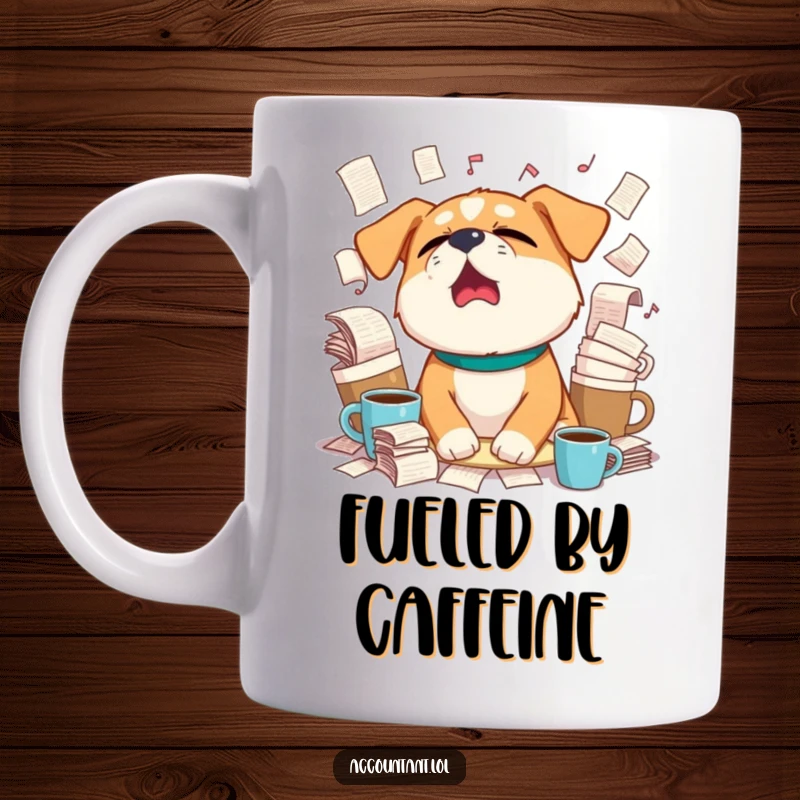 Funny sleepy dog yawning widely, surrounded by overflowing coffee cups and paperwork on a ceramic mug.