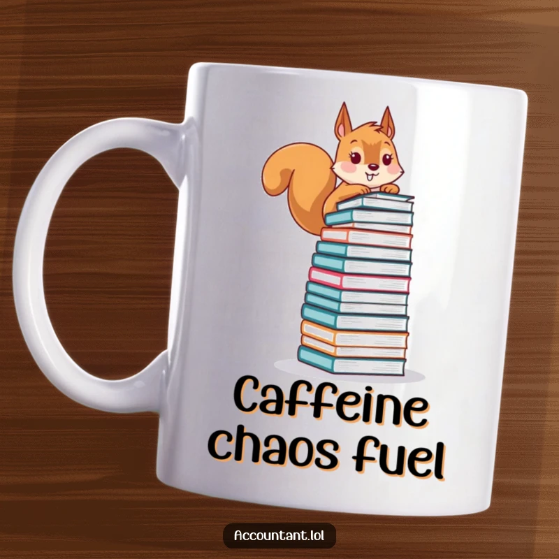 Funny mug showing a playful squirrel precariously balancing a very tall stack of financial ledgers, symbolizing money management humor.