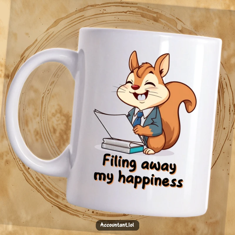Funny squirrel office mug, a cheerful squirrel dressed in a suit, happily giggling while filing stacks of documents.