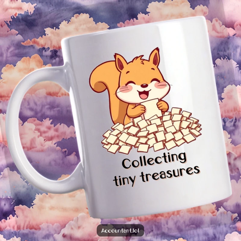 Funny squirrel mug, a delighted squirrel sorting a giant mountain of tiny paper slips, ideal for office humor.