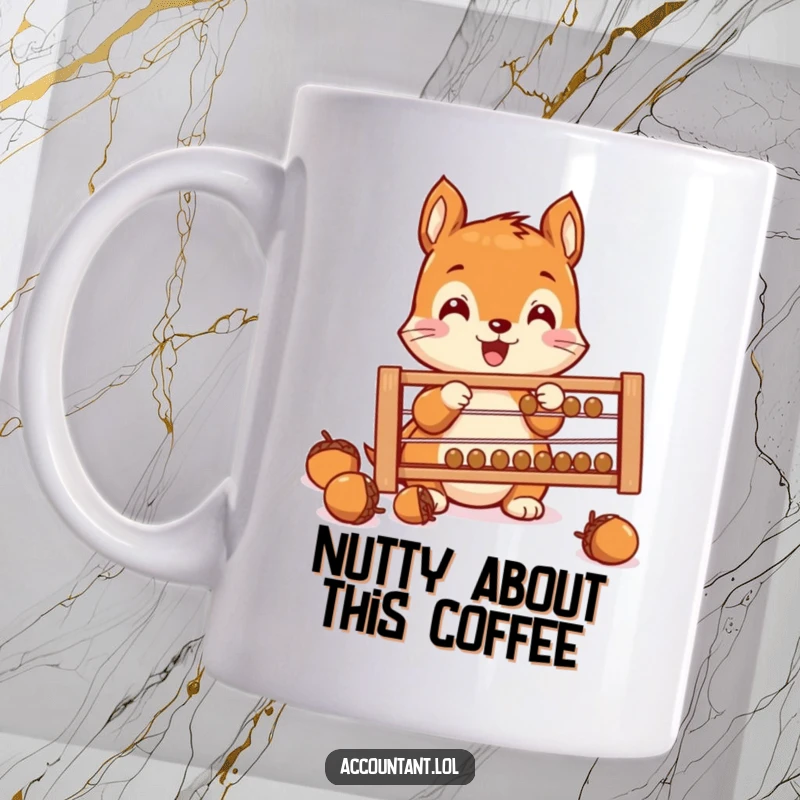 Funny Squirrel Saver Mug, a tiny squirrel excitedly counting acorns on an abacus, showcasing financial fun, a perfect cute gift.