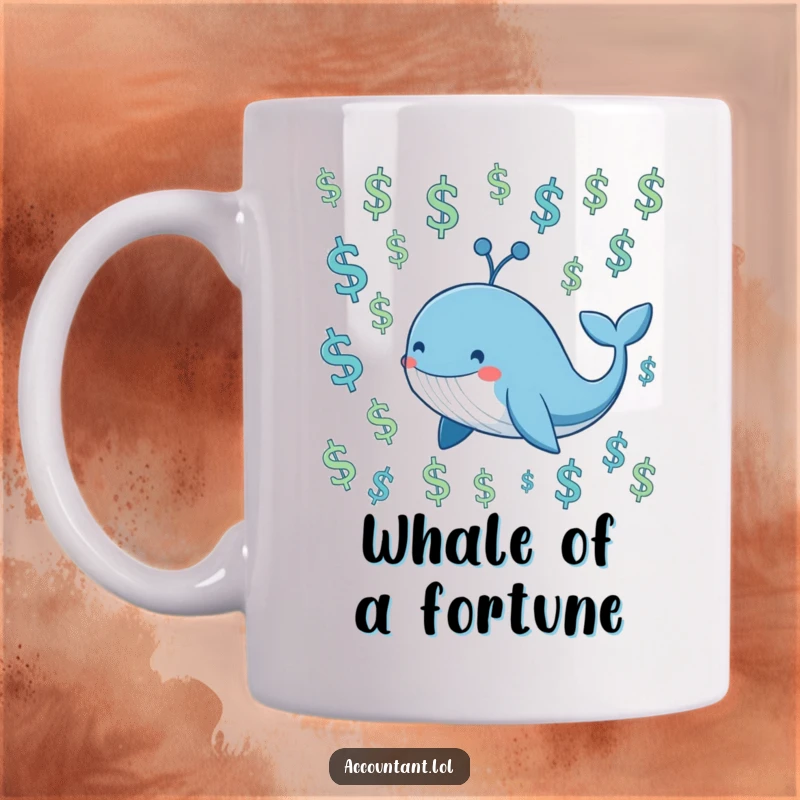 Funny smiling blue whale swimming through a sea of floating dollar signs, perfect for finance lovers.