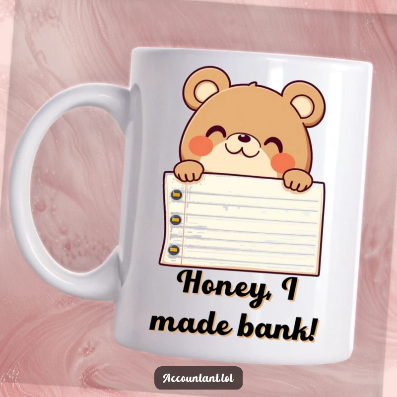 Funny chubby bear peeking over a massive ledger, showing a surprised and pleased expression, accounting humor.