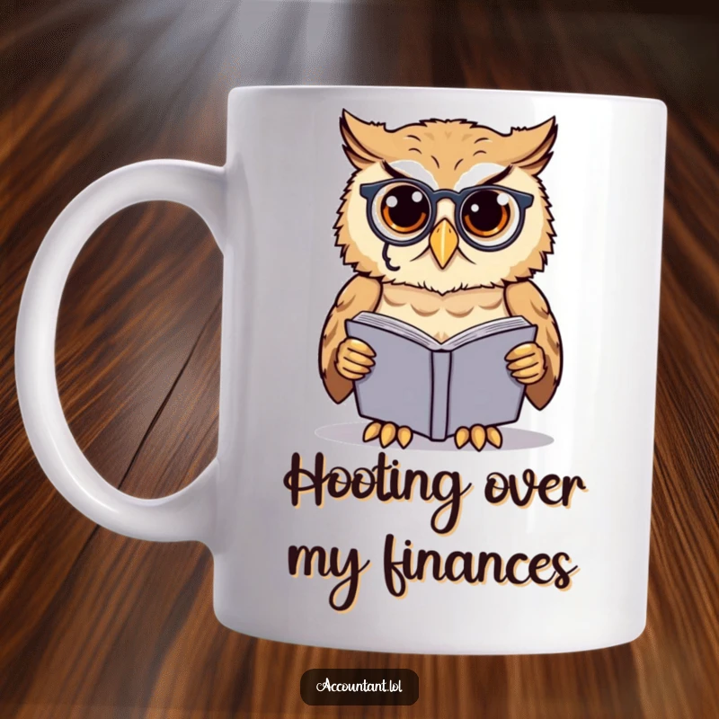 Funny owl scholar mug, a cute owl wearing a monocle, intently examining a detailed ledgerbook with a wise expression.