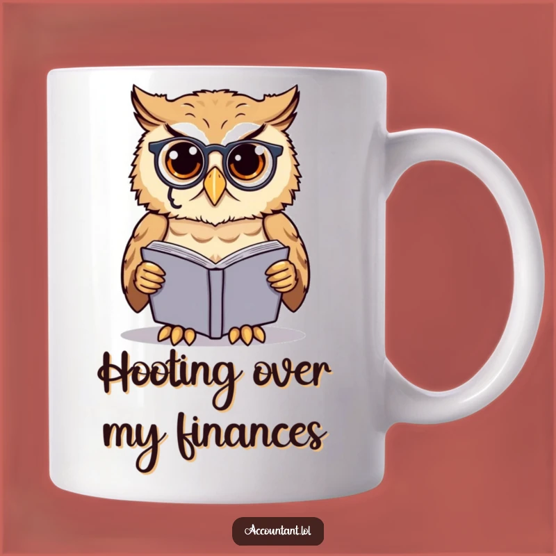 Funny Owl Scholar Mug: Monocle Owl Examining Ledgerbook, Perfect Gift