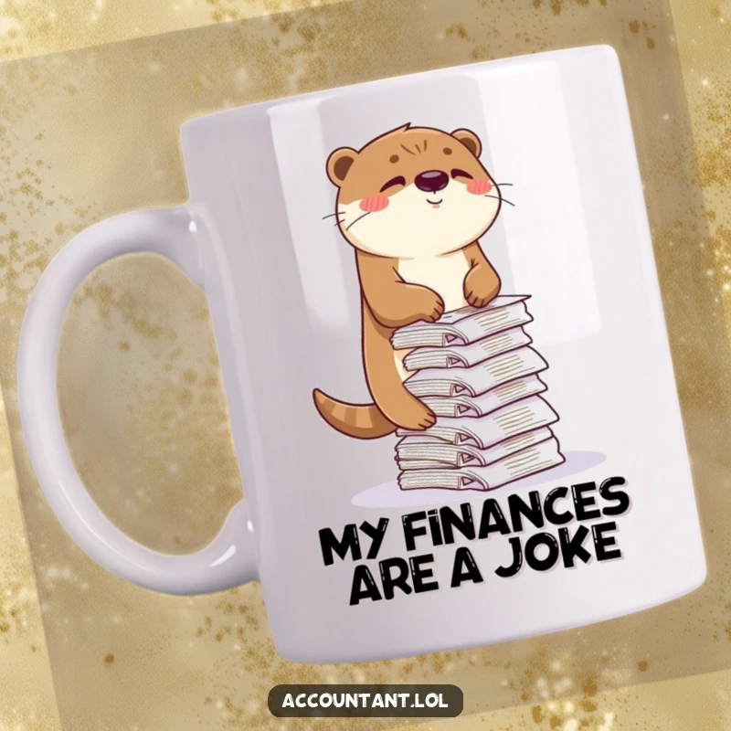 Funny otter mug, a playful animal balancing a huge stack of receipts with a mischievous wink, perfect for office humor.