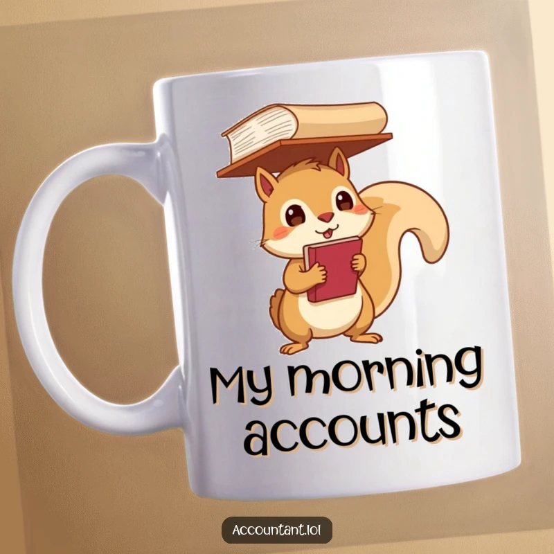 Funny Mug features a determined squirrel balancing a large ledger on its head, symbolizing focus and workload.