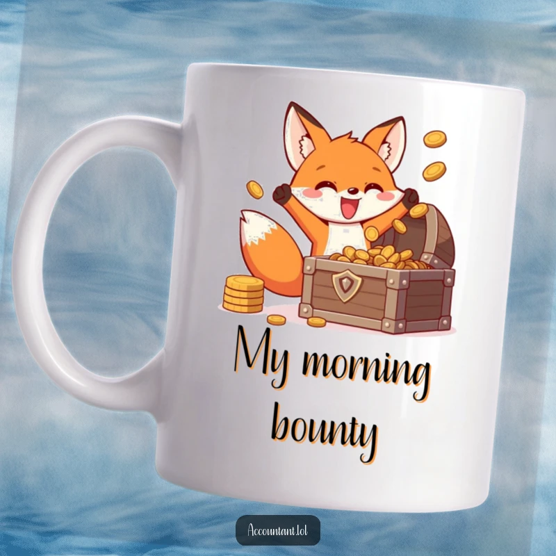 Funny fox treasure hunter mug, an energetic fox triumphantly tossing golden coins into an overflowing treasure chest with a big smile.