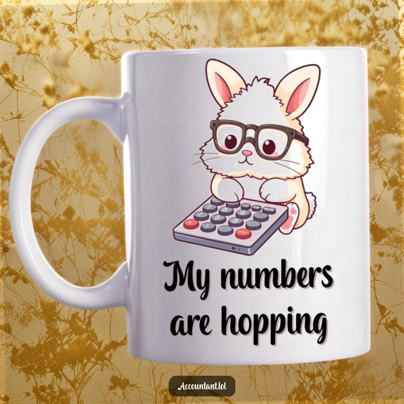 Funny Mug featuring a fluffy bunny in glasses, happily tapping on a calculator, symbolizing accounting humor.
