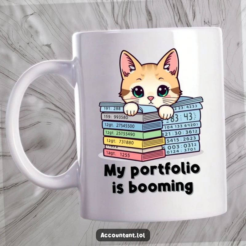 Funny curious cat peeking from behind growing numerical charts, embodying office humor and intelligence on a mug.