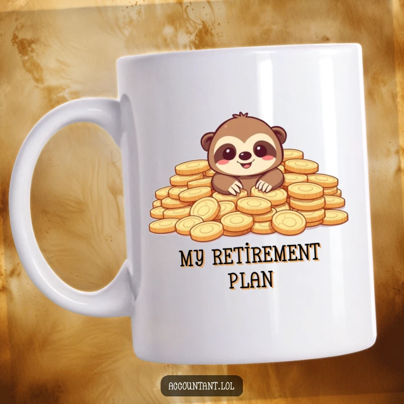 Funny mug featuring a smiling sloth peeking from a massive pile of gold coins, symbolizing wealth and lazy riches.
