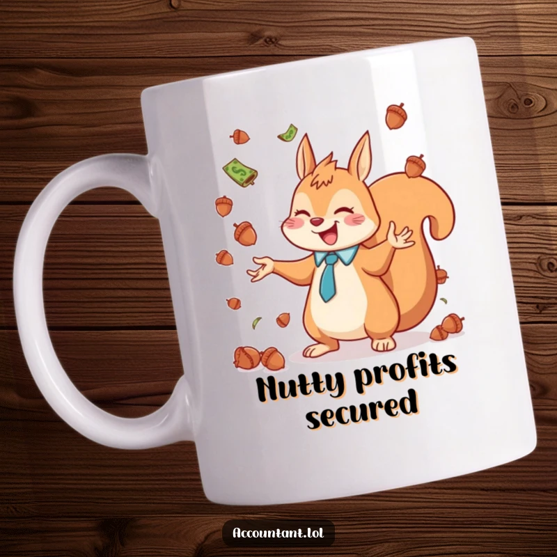 Funny cute squirrel accountant joyfully juggling acorns that look like currency, radiating happiness.