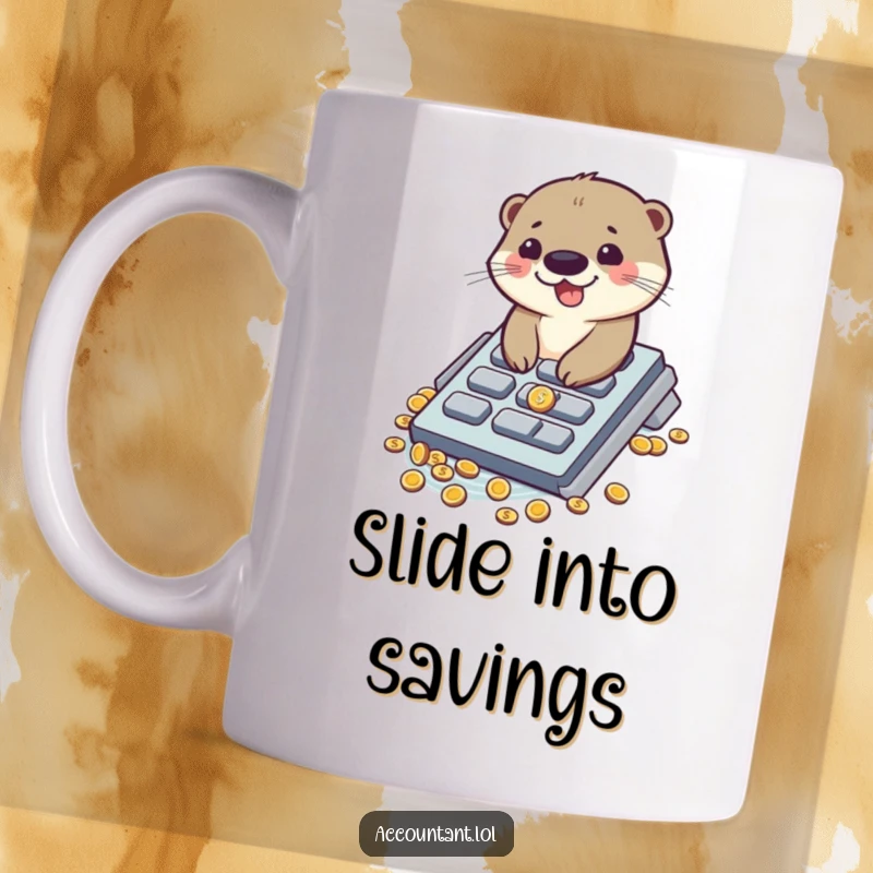 Funny mug featuring a giggling otter gleefully sliding down a calculator button into a pit of shiny coins.