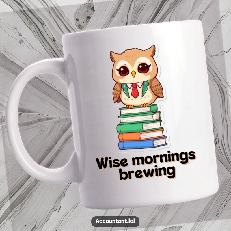 Funny Owl Accountant Mug: A wise owl accountant blinks contently atop a stack of books.
