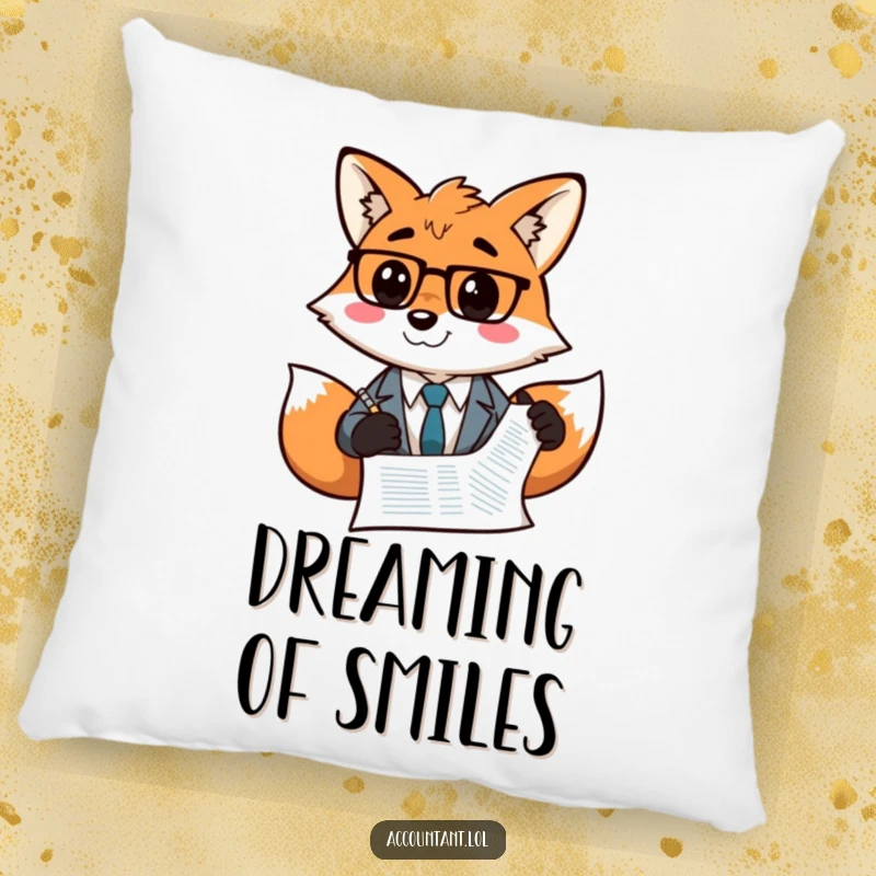 Funny Fox Accountant Pillow: A grinning fox accountant draws a smiley face on a balance sheet, adding cozy humor.