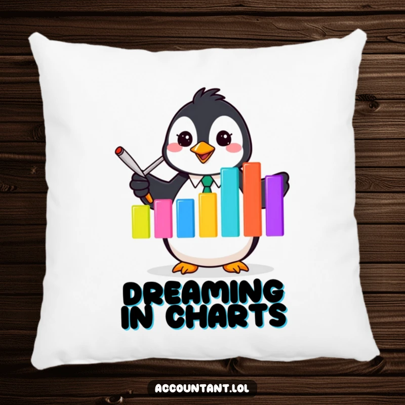 Funny Penguin Accountant Pillow: A cheerful penguin accountant presents a colorful bar graph, adding fun to any sofa.