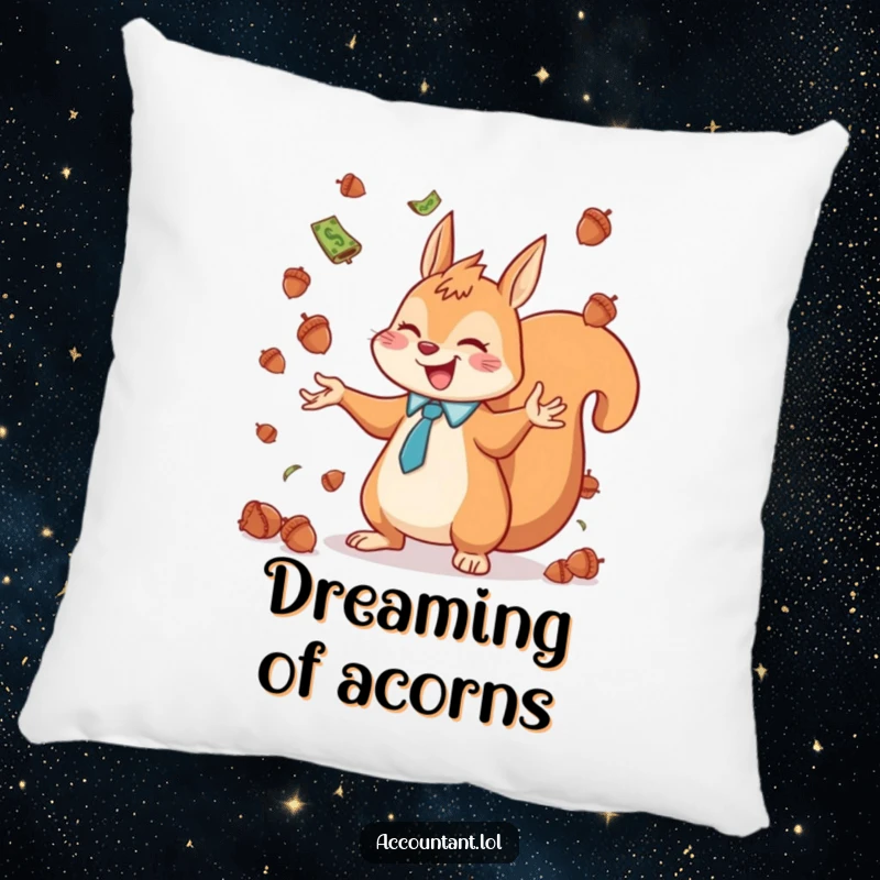 Funny squirrel accountant juggling acorns like currency, looking joyful, a soft, amusing cushion.