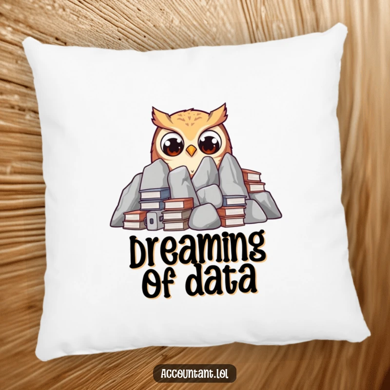 A curious owl is peeking out from behind a mountain of ledgers with wide eyes, featured on a soft and funny pillow.