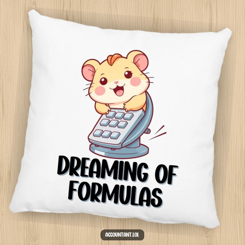 Funny pillow with a cute hamster running on a calculator wheel, offering a funny and comfortable decorative element.